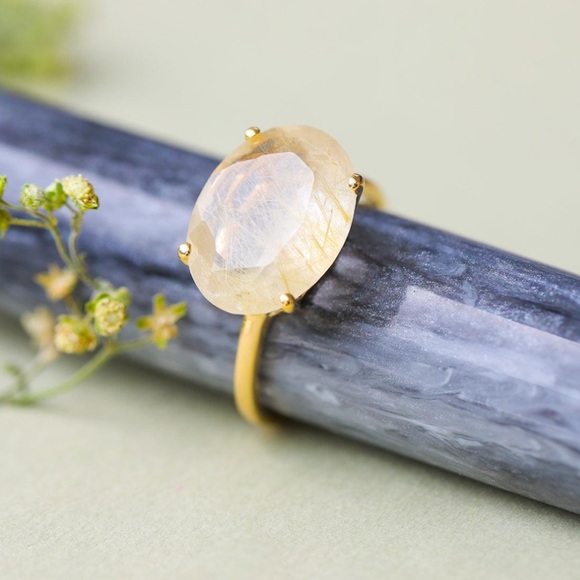 Natural Rutile 14k Gold Plated Ring 925 Sterling Silver - Picture 1 of 4